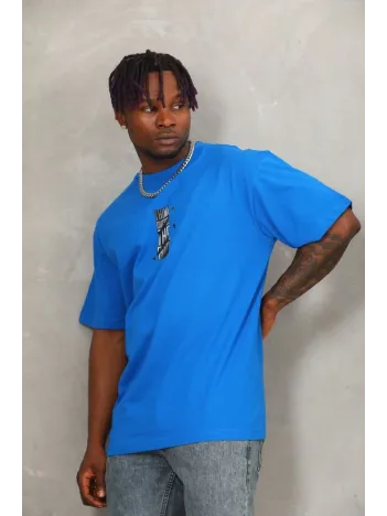 Unisex Oversize Baskılı Bisiklet Yaka T-Shirt - Mavi