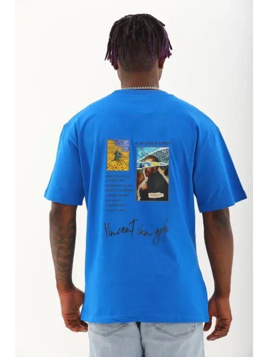 Unisex Oversize Baskılı Bisiklet Yaka T-Shirt - Mavi