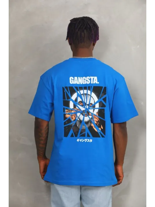 Unisex Oversize Baskılı Bisiklet Yaka T-Shirt - Mavi