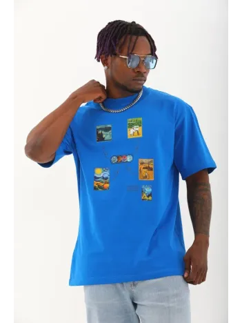 Unisex Oversize Baskılı Bisiklet Yaka T-Shirt - Mavi Unisex Oversize Baskılı Bisiklet Yaka T-Shirt - Mavi