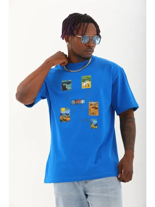 Unisex Oversize Baskılı Bisiklet Yaka T-Shirt - Mavi Unisex Oversize Baskılı Bisiklet Yaka T-Shirt - Mavi