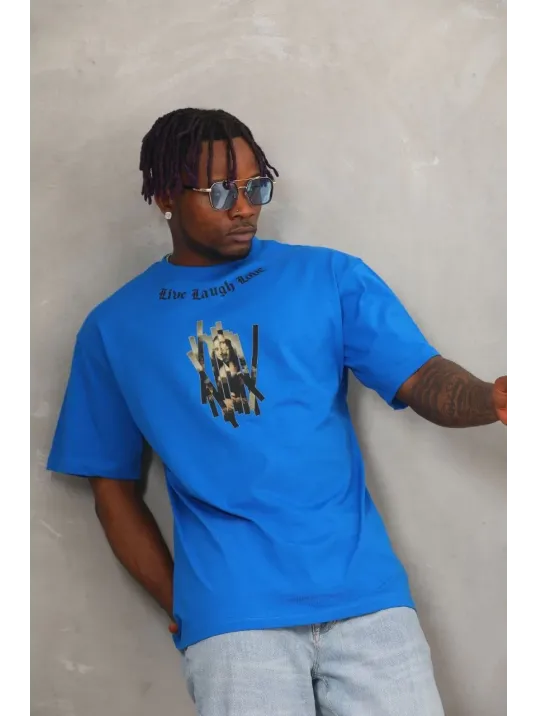 Unisex Oversize Baskılı Bisiklet Yaka T-Shirt - Mavi