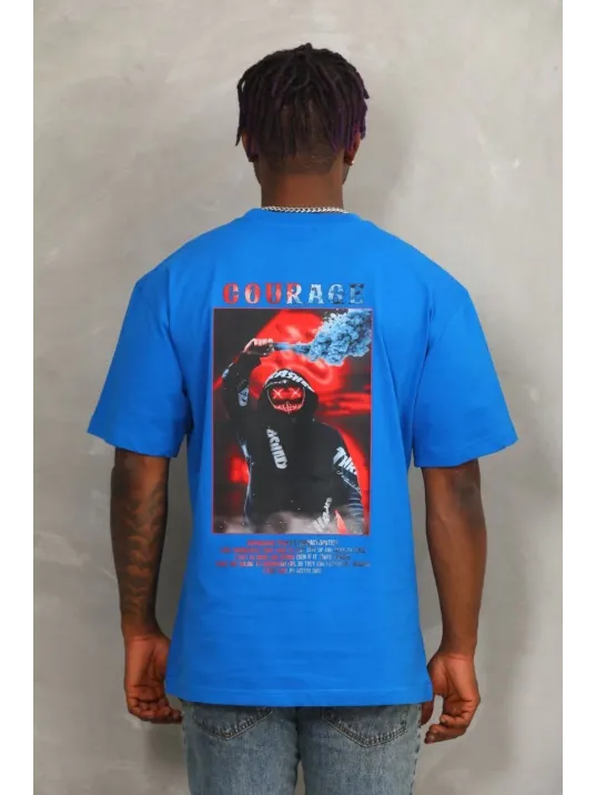 Unisex Oversize Baskılı Bisiklet Yaka T-Shirt - Mavi Unisex Oversize Baskılı Bisiklet Yaka T-Shirt - Mavi