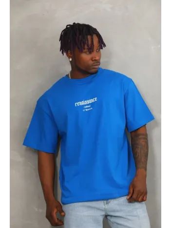 Unisex Oversize Baskılı Bisiklet Yaka T-Shirt - Mavi