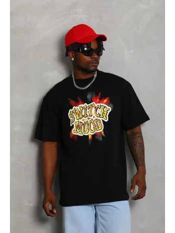 Unisex Oversize Baskılı Bisiklet Yaka T-Shirt - Siyah Unisex Oversize Baskılı Bisiklet Yaka T-Shirt - Siyah