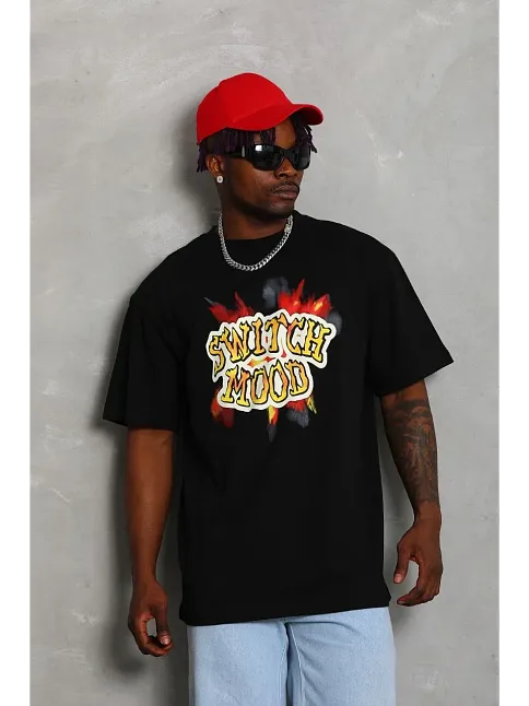 Erkek Baskılı T-shirt Kısa Kol Bisiklet Yaka Rahat Kalıp Tişört - Siyah