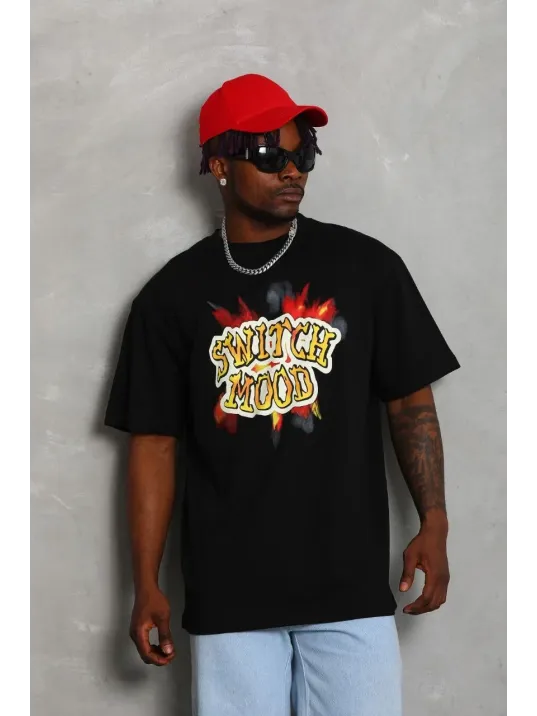 Unisex Oversize Baskılı Bisiklet Yaka T-Shirt - Siyah Unisex Oversize Baskılı Bisiklet Yaka T-Shirt - Siyah