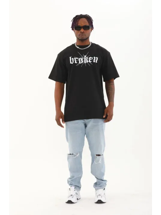 Unisex Oversize Baskılı Bisiklet Yaka T-Shirt - Siyah Unisex Oversize Baskılı Bisiklet Yaka T-Shirt - Siyah