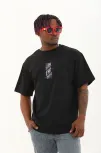Unisex Oversize Baskılı Bisiklet Yaka T-shirt - Siyah