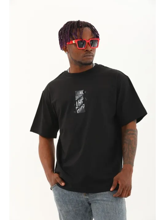 Unisex Oversize Baskılı Bisiklet Yaka T-Shirt - Siyah Unisex Oversize Baskılı Bisiklet Yaka T-Shirt - Siyah