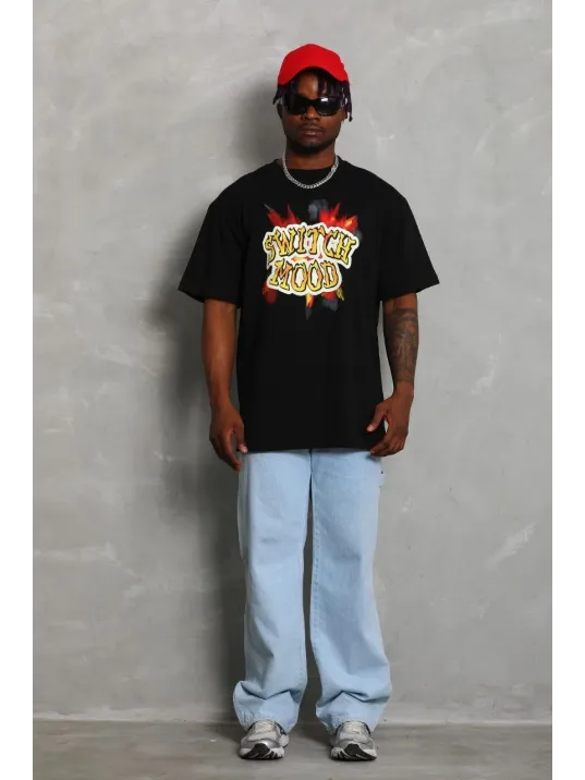 Unisex Oversize Baskılı Bisiklet Yaka T-Shirt - Siyah Unisex Oversize Baskılı Bisiklet Yaka T-Shirt - Siyah