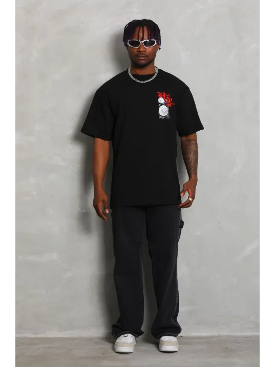 Unisex Oversize Baskılı Bisiklet Yaka T-Shirt - Siyah Unisex Oversize Baskılı Bisiklet Yaka T-Shirt - Siyah