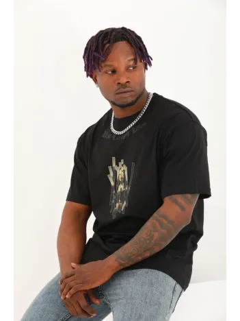 Unisex Oversize Baskılı Bisiklet Yaka T-Shirt - Siyah