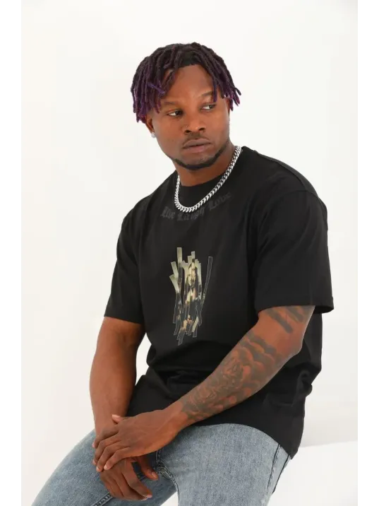 Unisex Oversize Baskılı Bisiklet Yaka T-Shirt - Siyah