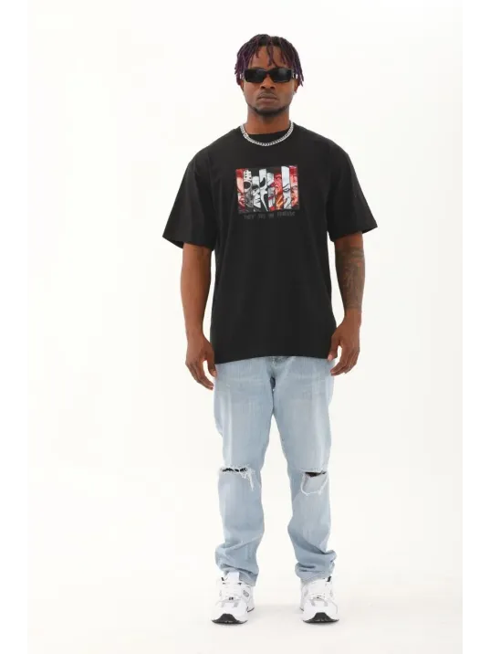 Unisex Oversize Baskılı Bisiklet Yaka T-Shirt - Siyah Unisex Oversize Baskılı Bisiklet Yaka T-Shirt - Siyah