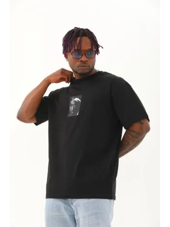 Unisex Oversize Baskılı Bisiklet Yaka T-Shirt - Siyah