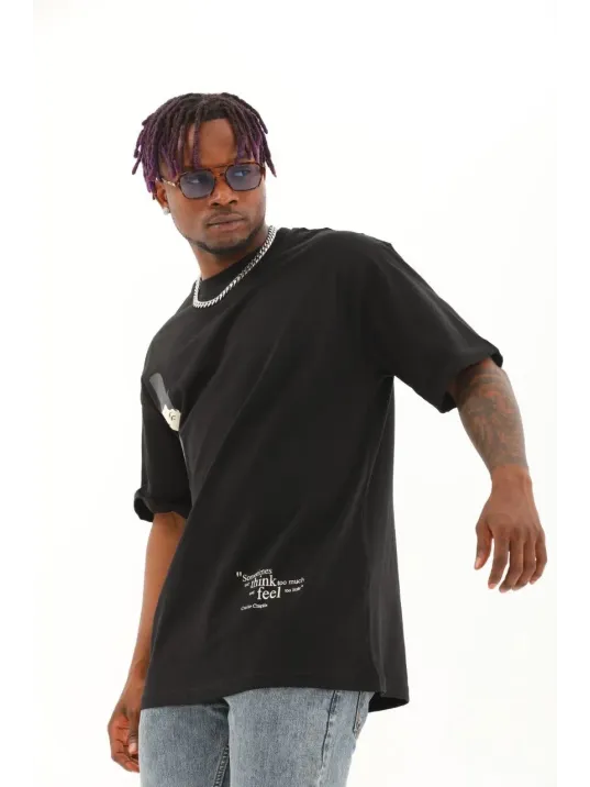 Unisex Oversize Baskılı Bisiklet Yaka T-Shirt - Siyah Unisex Oversize Baskılı Bisiklet Yaka T-Shirt - Siyah
