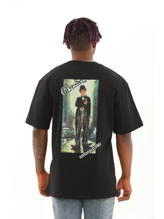 Unisex Oversize Baskılı Bisiklet Yaka T-Shirt - Siyah Unisex Oversize Baskılı Bisiklet Yaka T-Shirt - Siyah