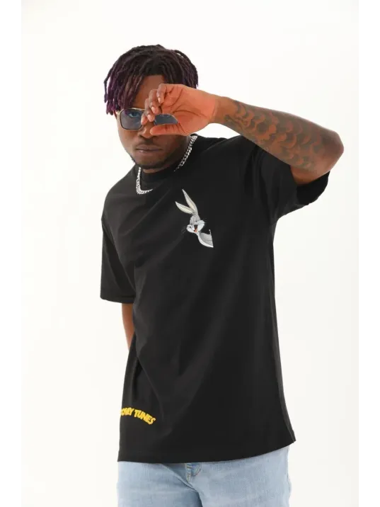 Unisex Oversize Baskılı Bisiklet Yaka T-Shirt - Siyah