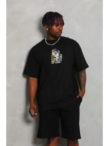 Unisex Oversize Baskılı Bisiklet Yaka T-Shirt - Siyah Unisex Oversize Baskılı Bisiklet Yaka T-Shirt - Siyah