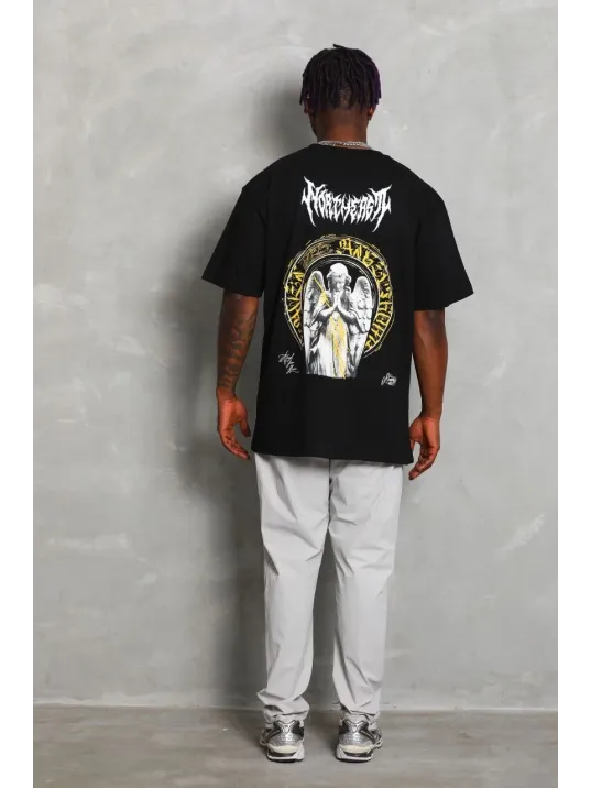 Unisex Oversize Baskılı Bisiklet Yaka T-Shirt - Siyah Unisex Oversize Baskılı Bisiklet Yaka T-Shirt - Siyah