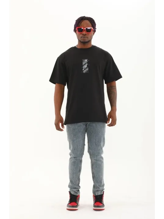 Unisex Oversize Baskılı Bisiklet Yaka T-Shirt - Siyah