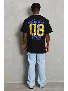 Unisex Oversize Baskılı Bisiklet Yaka T-shirt - Siyah