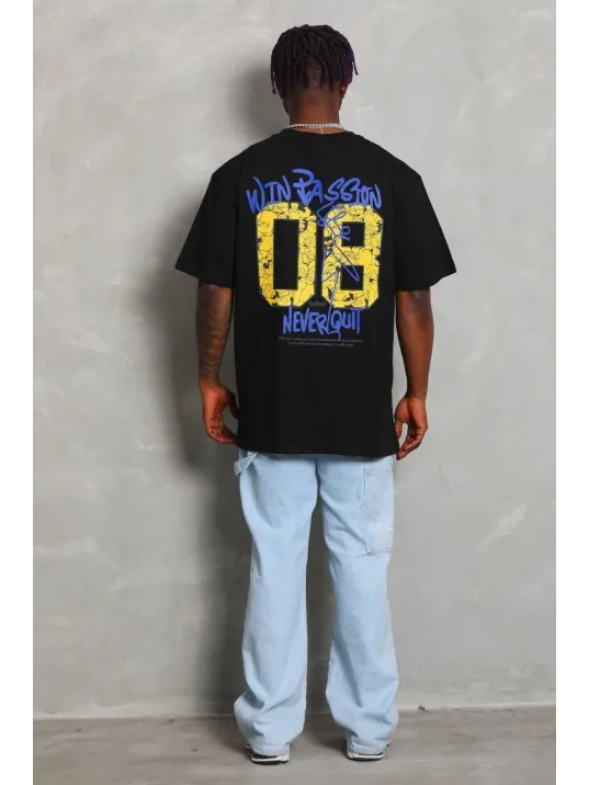 Unisex Oversize Baskılı Bisiklet Yaka T-Shirt - Siyah Unisex Oversize Baskılı Bisiklet Yaka T-Shirt - Siyah