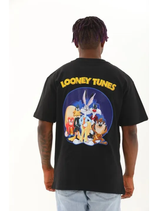 Unisex Oversize Baskılı Bisiklet Yaka T-Shirt - Siyah