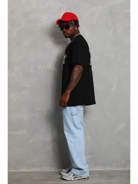 Unisex Oversize Baskılı Bisiklet Yaka T-Shirt - Siyah Unisex Oversize Baskılı Bisiklet Yaka T-Shirt - Siyah