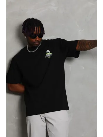 Unisex Oversize Baskılı Bisiklet Yaka T-Shirt - Siyah