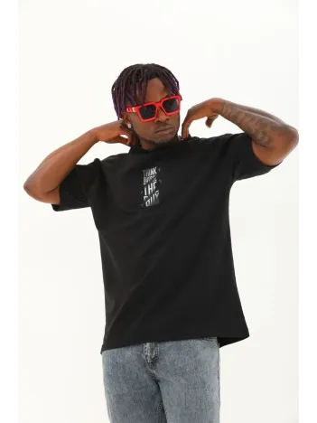 Unisex Oversize Baskılı Bisiklet Yaka T-Shirt - Siyah