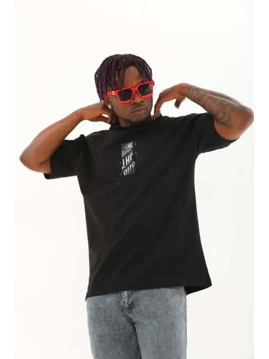 Unisex Oversize Baskılı Bisiklet Yaka T-Shirt - Siyah