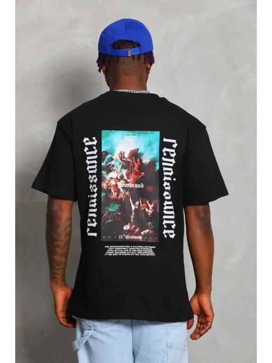 Unisex Oversize Baskılı Bisiklet Yaka T-Shirt - Siyah