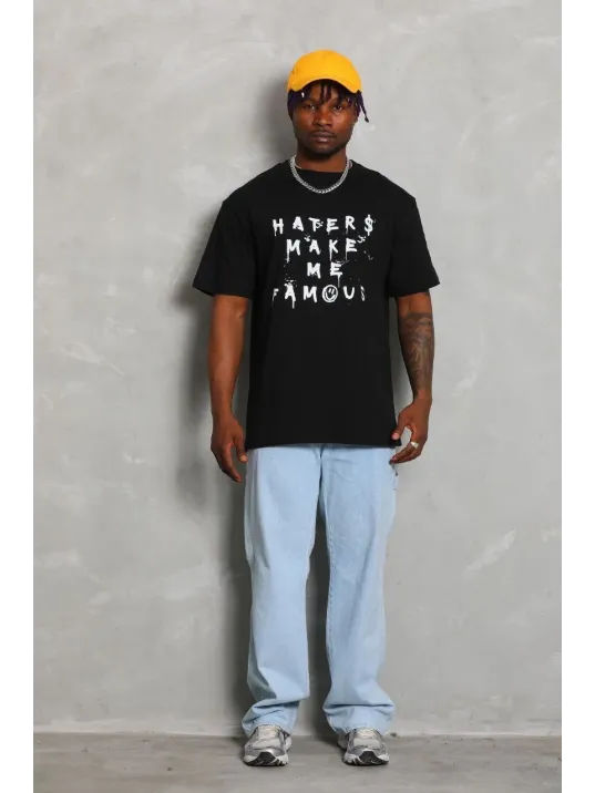 Unisex Oversize Baskılı Bisiklet Yaka T-Shirt - Siyah