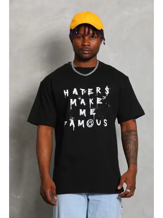 Unisex Oversize Baskılı Bisiklet Yaka T-Shirt - Siyah