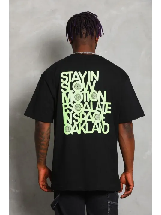 Unisex Oversize Baskılı Bisiklet Yaka T-Shirt - Siyah