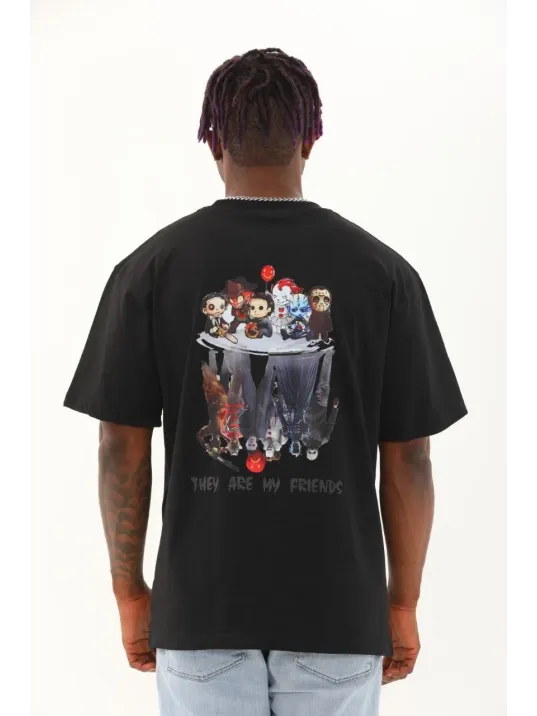 Unisex Oversize Baskılı Bisiklet Yaka T-Shirt - Siyah Unisex Oversize Baskılı Bisiklet Yaka T-Shirt - Siyah