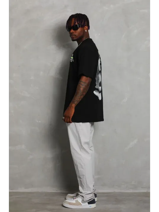 Unisex Oversize Baskılı Bisiklet Yaka T-Shirt - Siyah Unisex Oversize Baskılı Bisiklet Yaka T-Shirt - Siyah