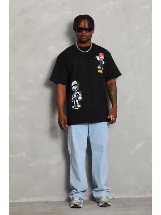 Unisex Oversize Baskılı Bisiklet Yaka T-Shirt - Siyah Unisex Oversize Baskılı Bisiklet Yaka T-Shirt - Siyah