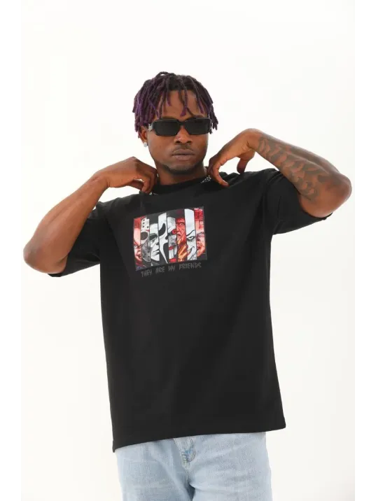 Unisex Oversize Baskılı Bisiklet Yaka T-Shirt - Siyah Unisex Oversize Baskılı Bisiklet Yaka T-Shirt - Siyah