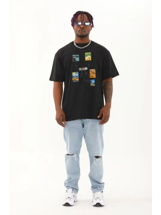 Unisex Oversize Baskılı Bisiklet Yaka T-Shirt - Siyah