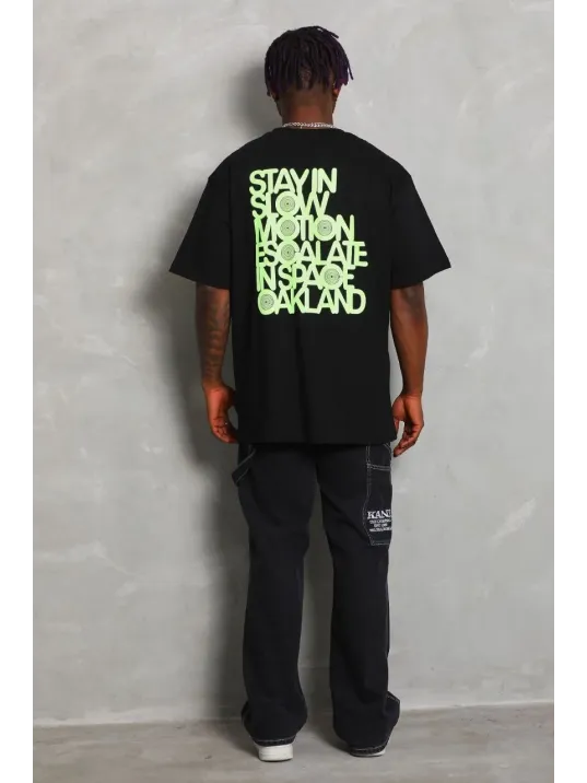 Unisex Oversize Baskılı Bisiklet Yaka T-Shirt - Siyah