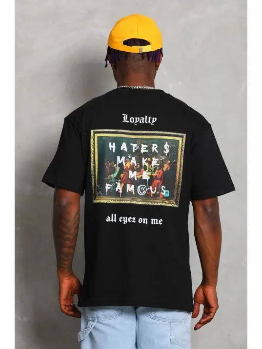 Unisex Oversize Baskılı Bisiklet Yaka T-Shirt - Siyah