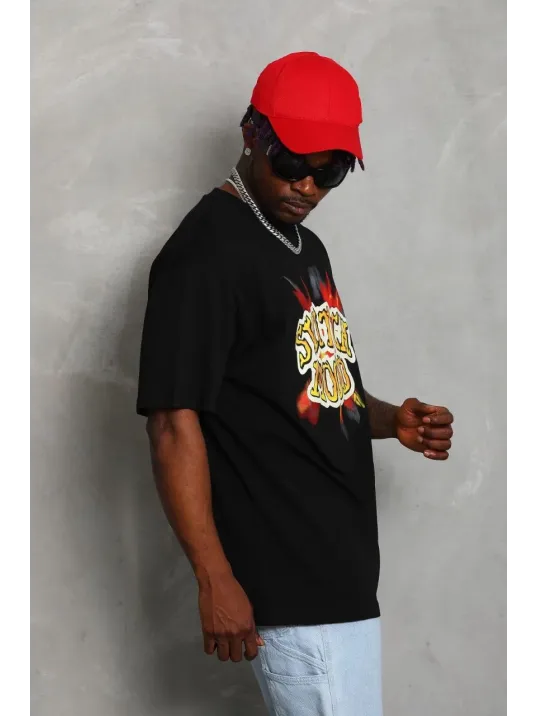 Unisex Oversize Baskılı Bisiklet Yaka T-Shirt - Siyah Unisex Oversize Baskılı Bisiklet Yaka T-Shirt - Siyah