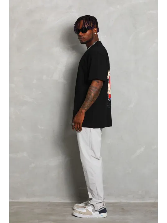 Unisex Oversize Baskılı Bisiklet Yaka T-Shirt - Siyah Unisex Oversize Baskılı Bisiklet Yaka T-Shirt - Siyah