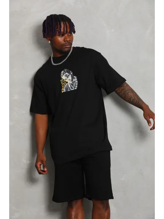 Unisex Oversize Baskılı Bisiklet Yaka T-Shirt - Siyah Unisex Oversize Baskılı Bisiklet Yaka T-Shirt - Siyah