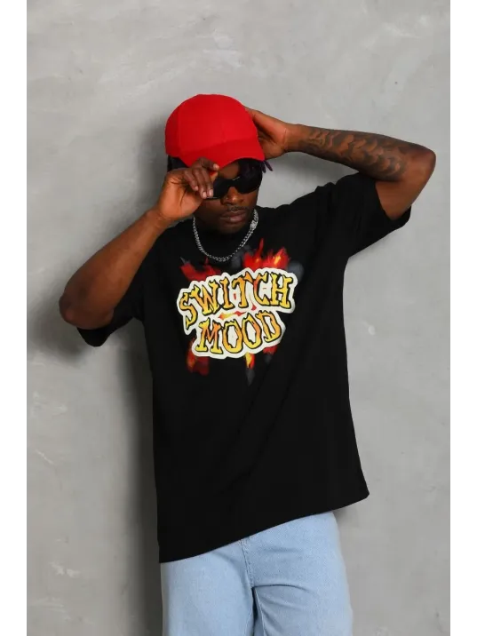 Unisex Oversize Baskılı Bisiklet Yaka T-Shirt - Siyah Unisex Oversize Baskılı Bisiklet Yaka T-Shirt - Siyah