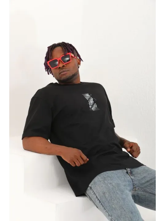 Unisex Oversize Baskılı Bisiklet Yaka T-Shirt - Siyah
