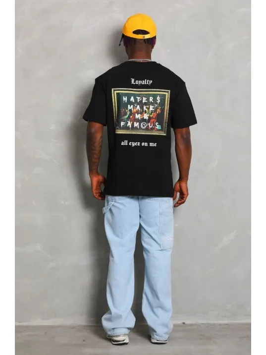 Unisex Oversize Baskılı Bisiklet Yaka T-Shirt - Siyah